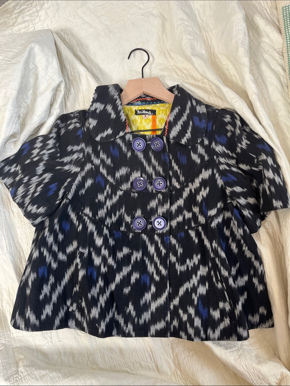 Taikonku Black, Blue & Gray Ikat-Print Button Jacket